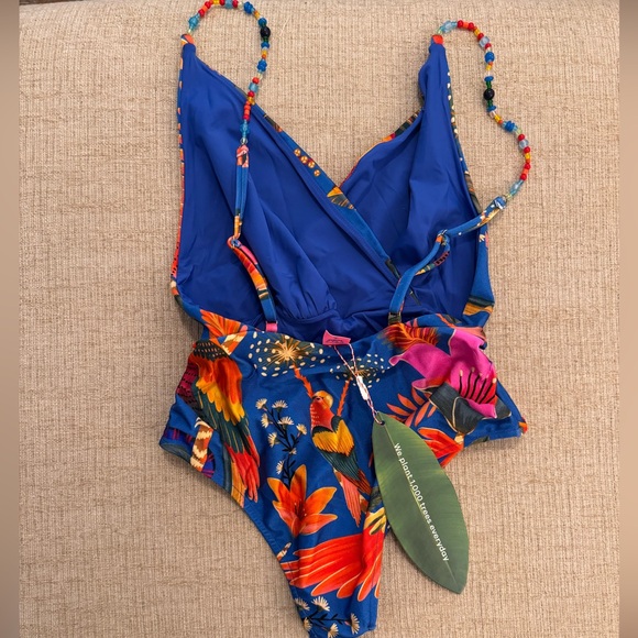 Farm Rio Macaw Party One-Piece Swimsuit size S Beaded Straps New with Tags - Picture 2 of 7